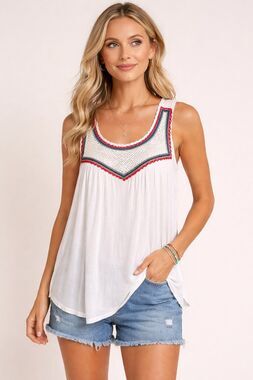 Democracy White Boho Crochet Trim Sleeveless Tank Top Women’s XL